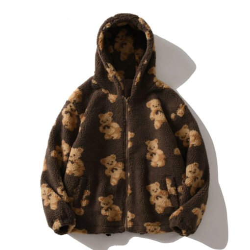 Bear Print Lambswool Hooded Jacket