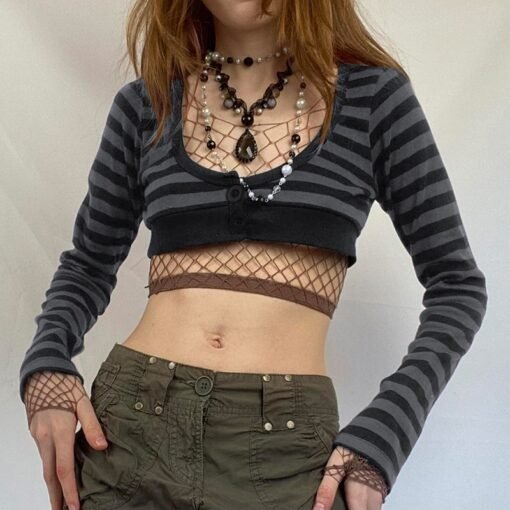 Striped O-neck Long Sleeves Crop Top