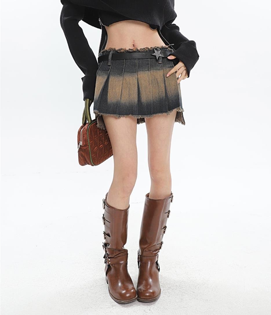 Sexy Y2k Skirt Women Denim Distressed Irregular Pleated Mini Skirts