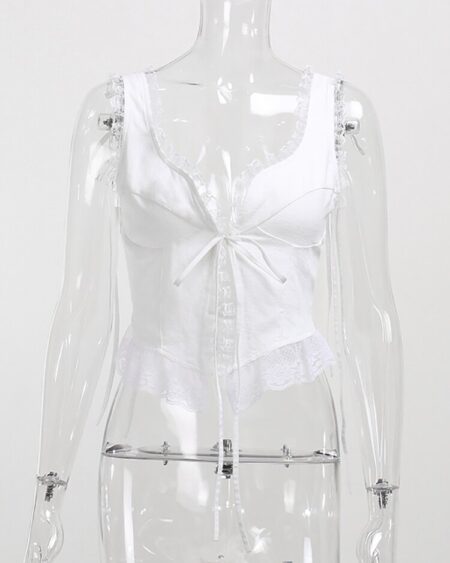 Lace Trim Tie Front Tank Tops