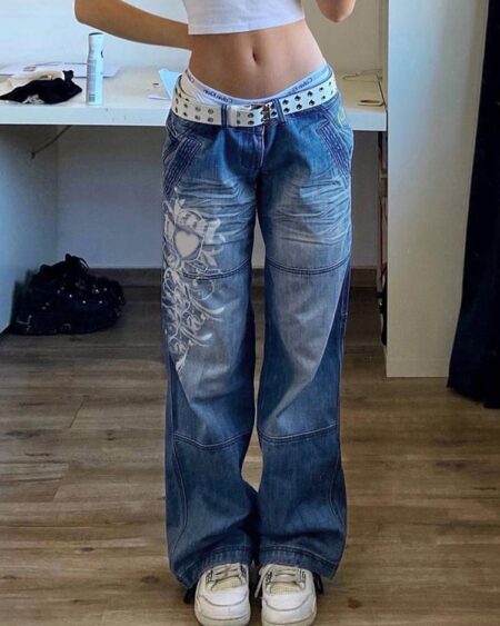 Washed Heart Pattern Cargo Jeans