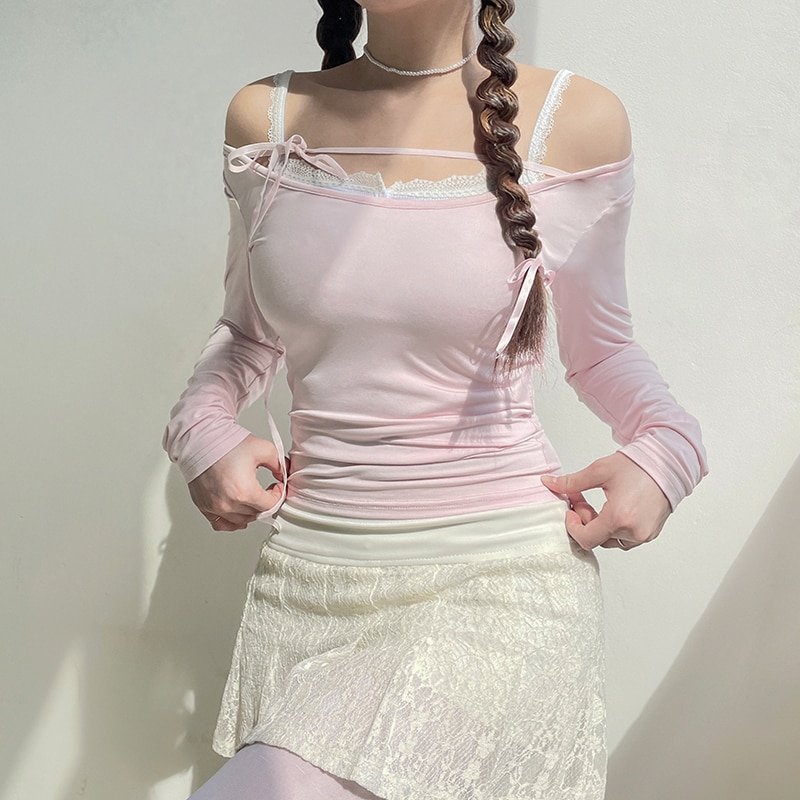 Lace-up Slash Neck Pink Tops