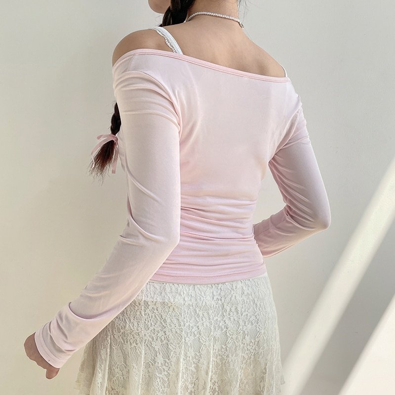 Lace-up Slash Neck Pink Tops