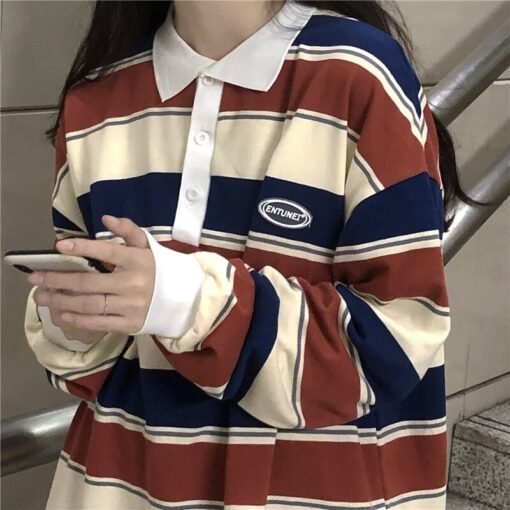 Striped Polo Collar Oversized Sweatshirt