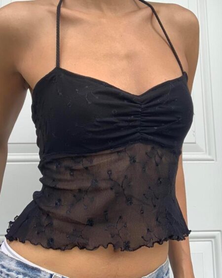 Halterneck Ruffle Backless Flower Crop top