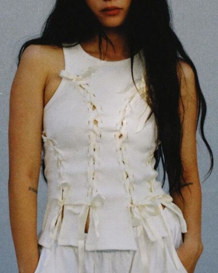 Bow Lace Up Hollow Out Ribbed Crop Tops