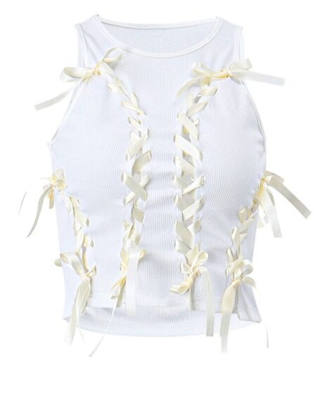 Bow Lace Up Hollow Out Ribbed Crop Tops