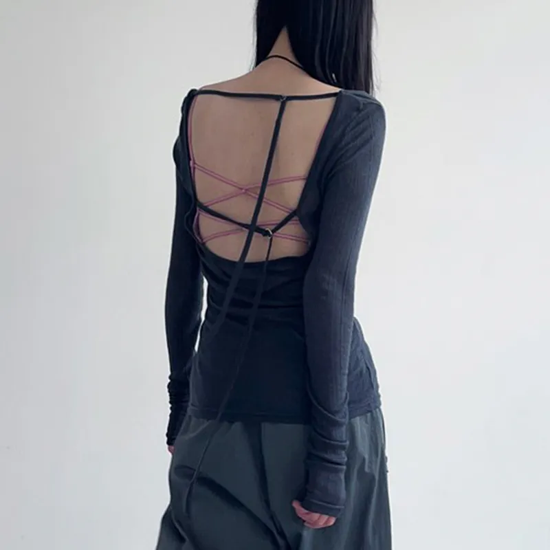 Bandage Backless Long Sleeve Crop Top