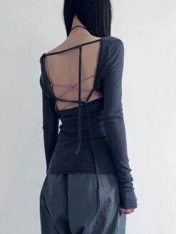 Bandage Backless Long Sleeve Crop Top