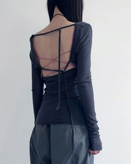 Bandage Backless Long Sleeve Crop Top