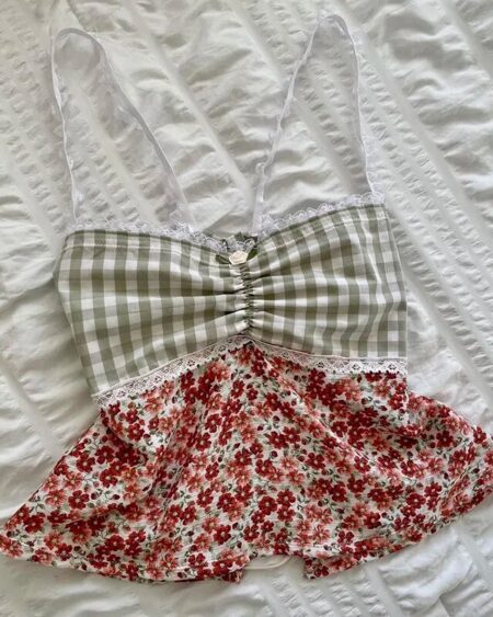 Plaid Floral Print Milkmaid Tops