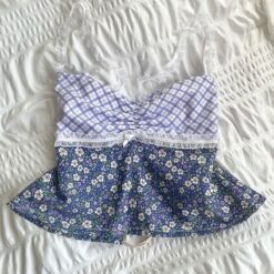 Plaid Floral Print Milkmaid Tops