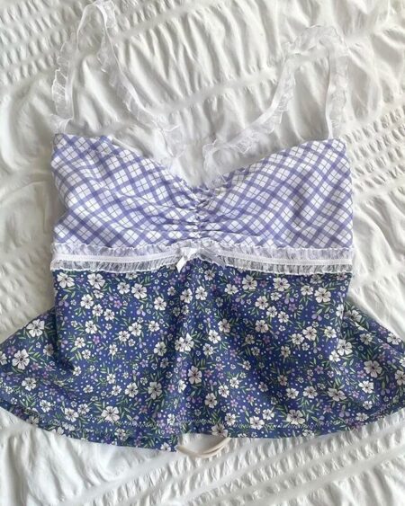 Plaid Floral Print Milkmaid Tops