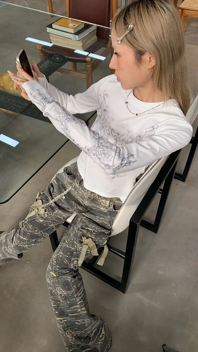 Ladies Long Sleeve Grunge Print