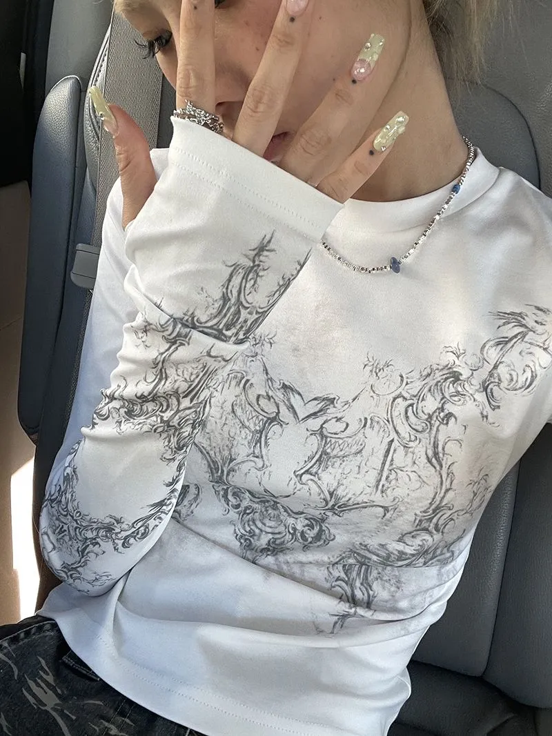 Ladies Long Sleeve Grunge Print