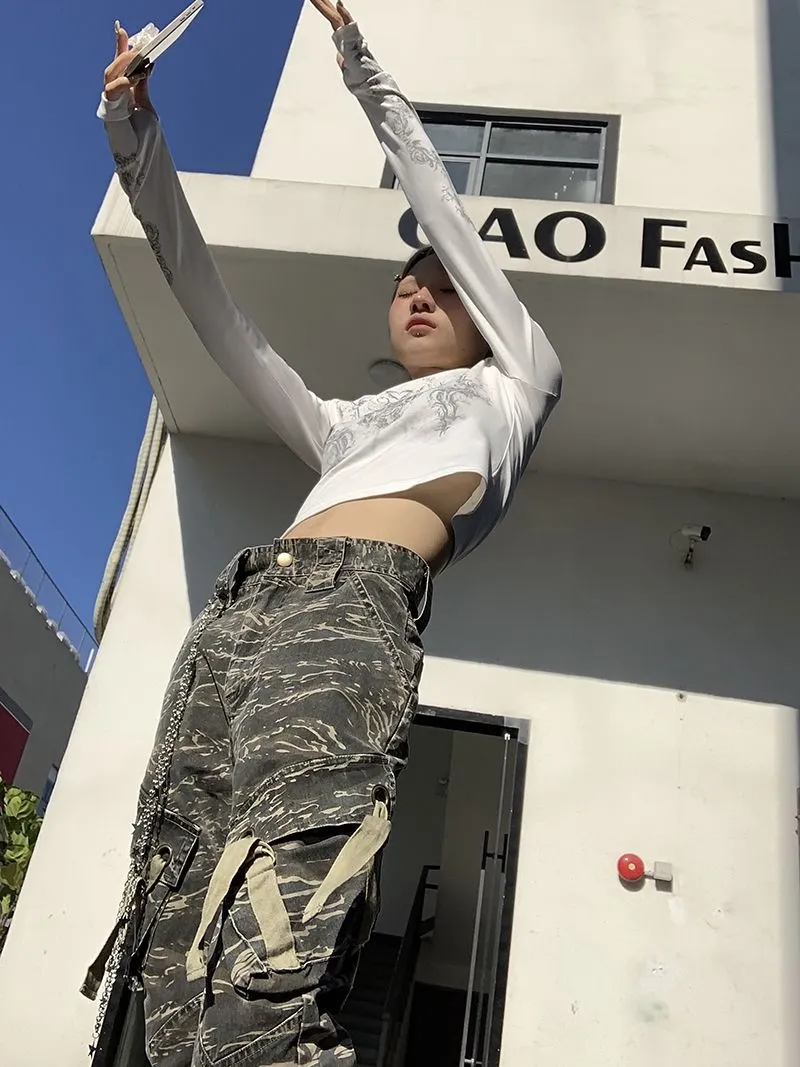 Ladies Long Sleeve Grunge Print