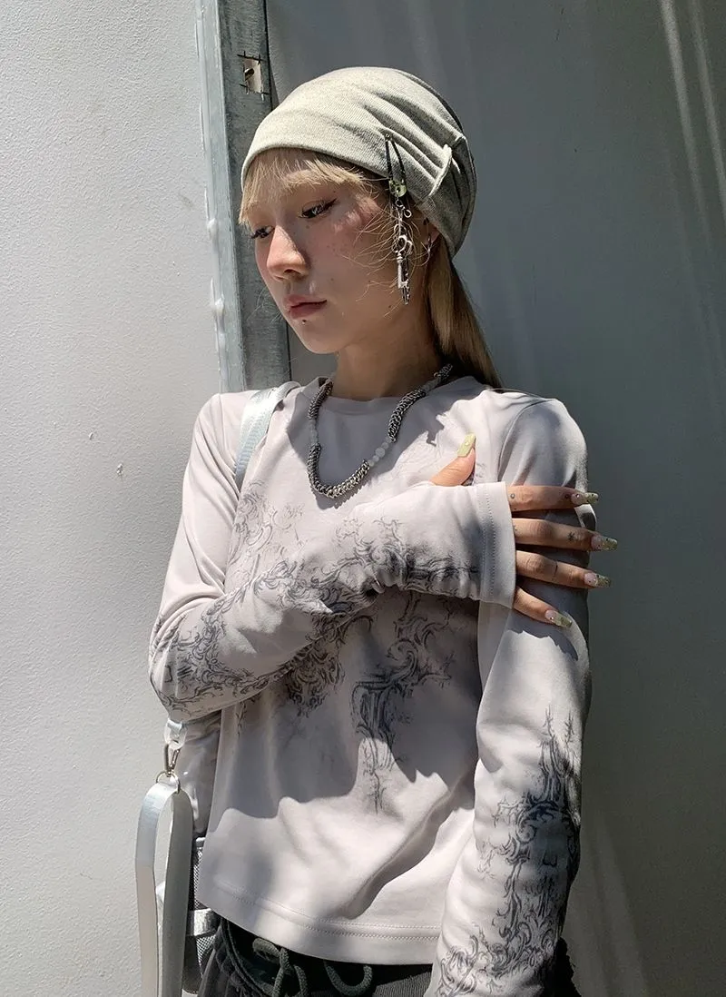 Ladies Long Sleeve Grunge Print