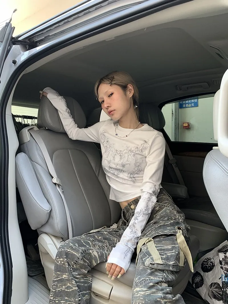 Ladies Long Sleeve Grunge Print