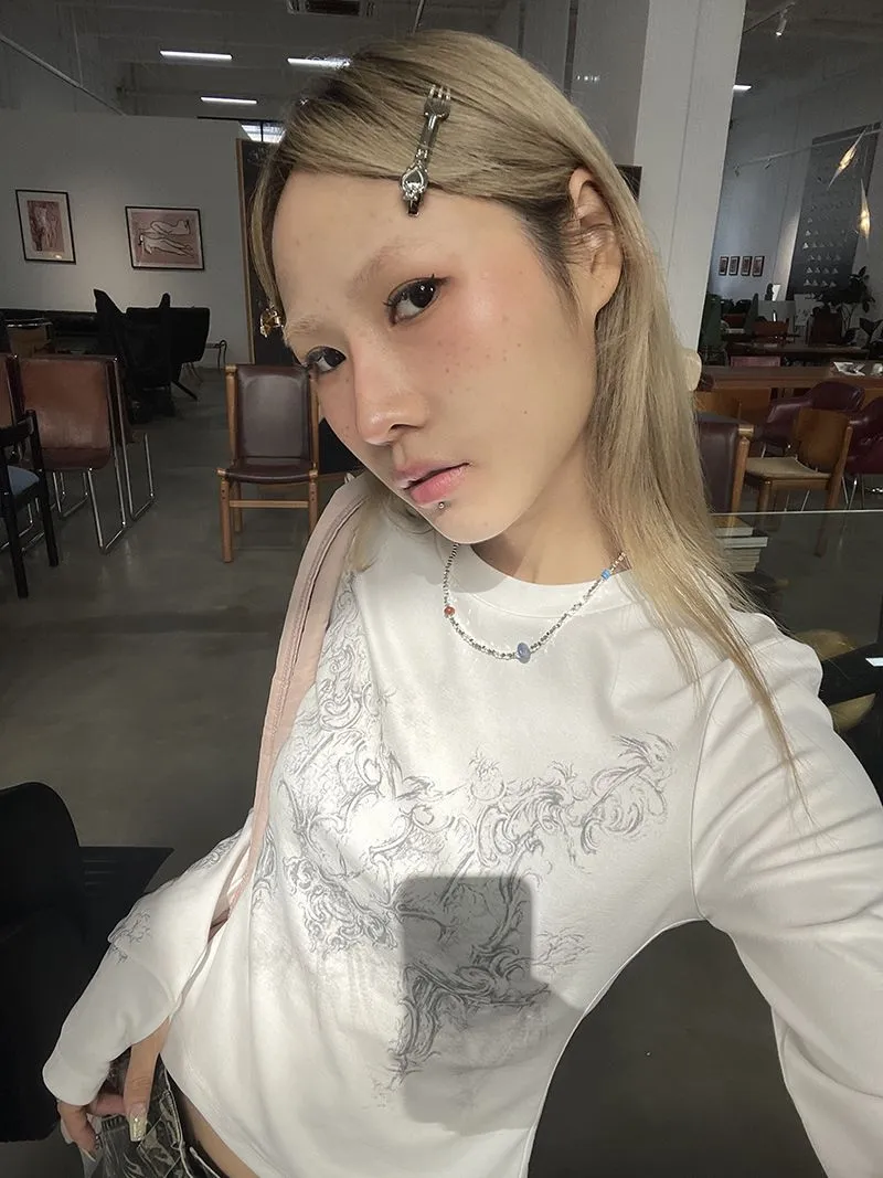 Ladies Long Sleeve Grunge Print