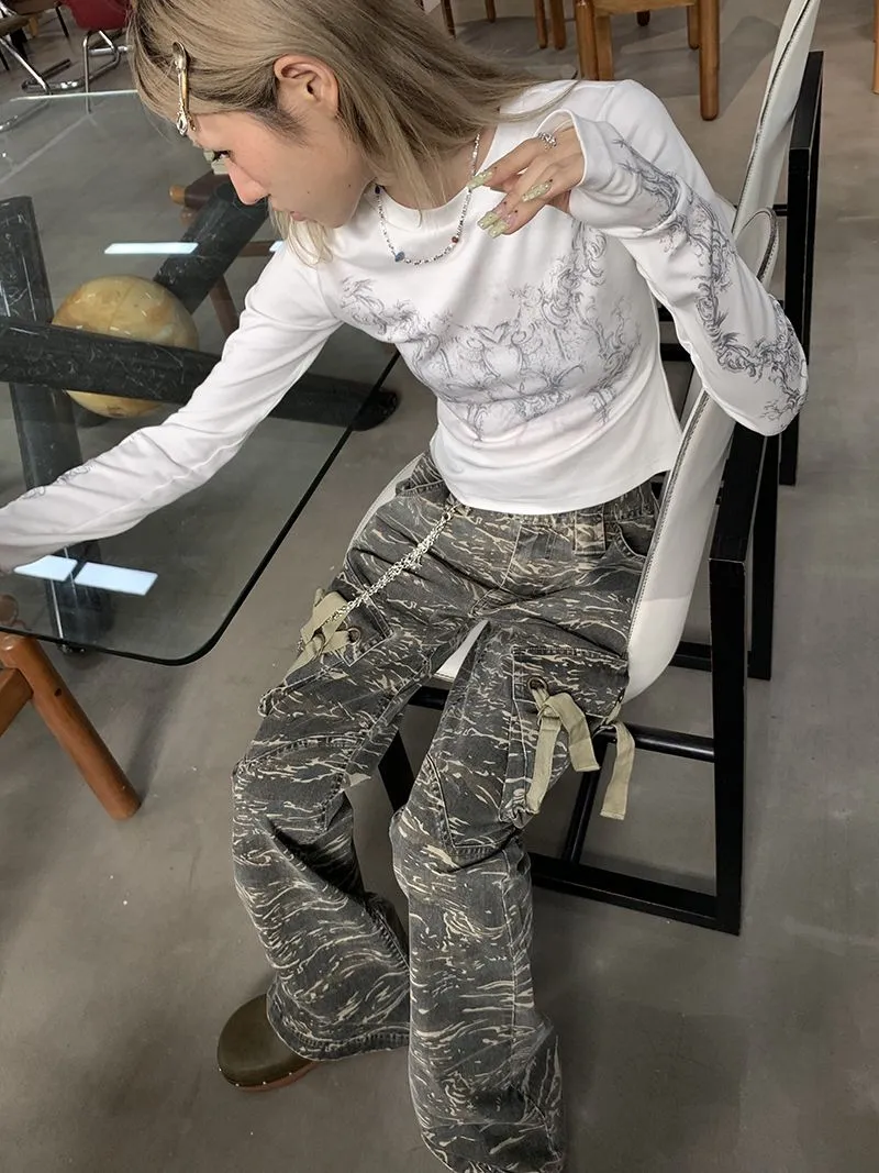 Ladies Long Sleeve Grunge Print