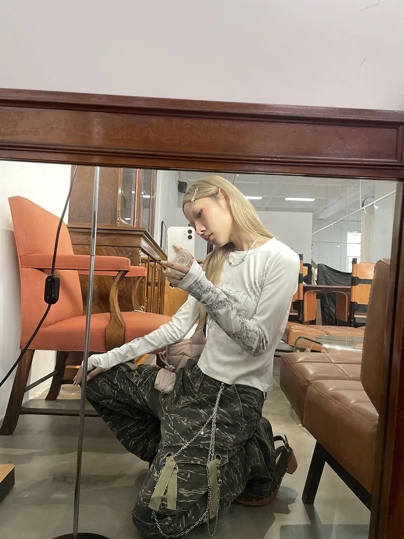 Ladies Long Sleeve Grunge Print