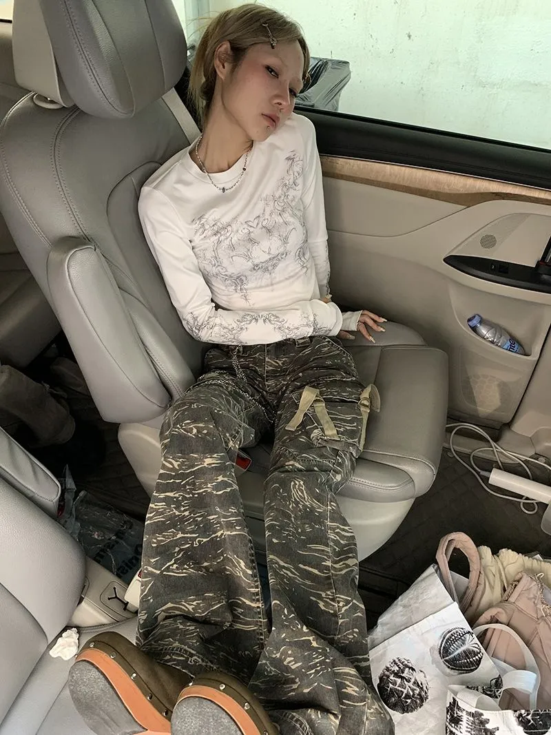 Ladies Long Sleeve Grunge Print