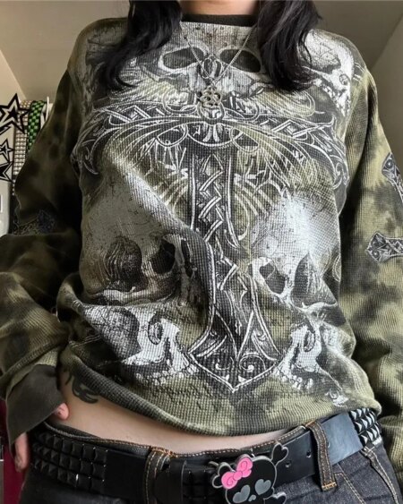 Tie dye Skull Cross print long sleeve tee Blouses & Shirts TOPS