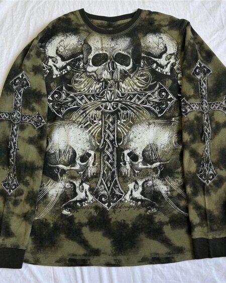 Tie dye Skull Cross print long sleeve tee Blouses & Shirts TOPS