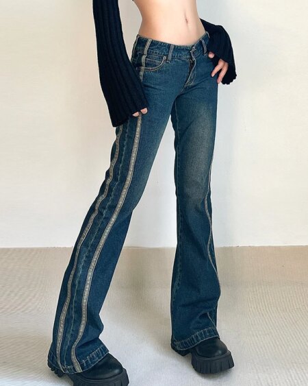 Low Waist Patchwork Side Striped Blue Jeans BOTTOMS Pants & Jeans