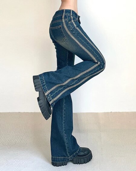 Low Waist Patchwork Side Striped Blue Jeans BOTTOMS Pants & Jeans