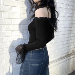 Lace Trim Off Shoulder Long Sleeve T Shirt Blouses & Shirts Knits TOPS