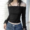 Lace Trim Off Shoulder Long Sleeve T Shirt Blouses & Shirts Knits TOPS