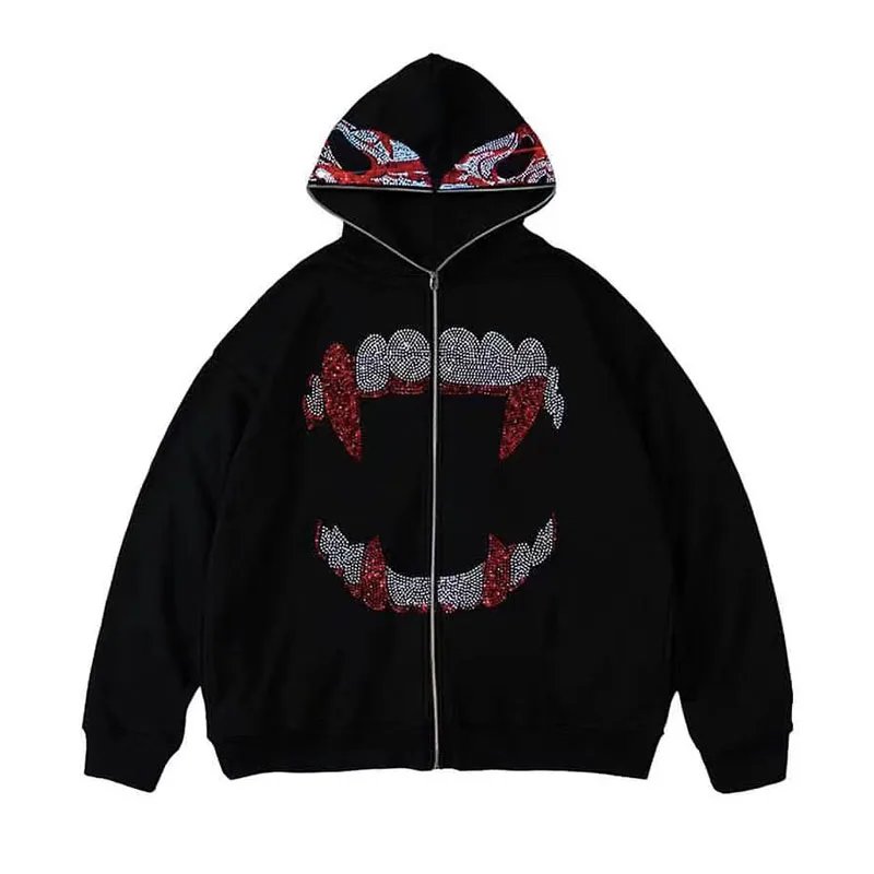 Rhinestones Teeth Zip Up Hoodies