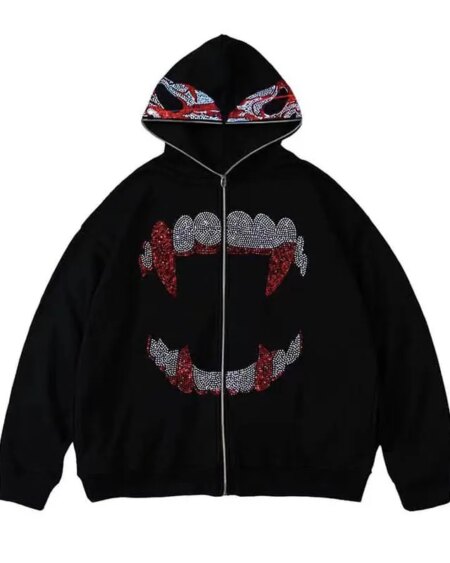 Rhinestones Teeth Zip Up Hoodies Hoodies & Sweatshirts Outerwear