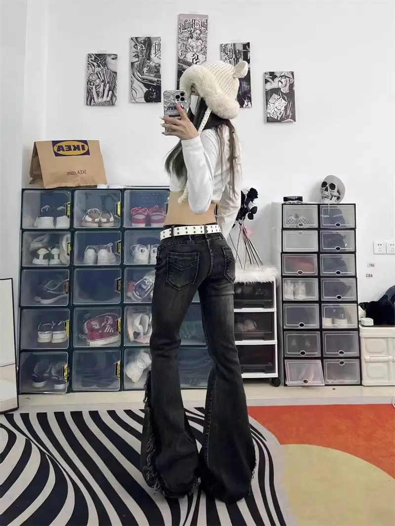 Retro Vibe Jeans Raw Edge Design Y2k Women's Autumn Low Waist Loose Slimming Wide Legs American Floor Mopping Pants