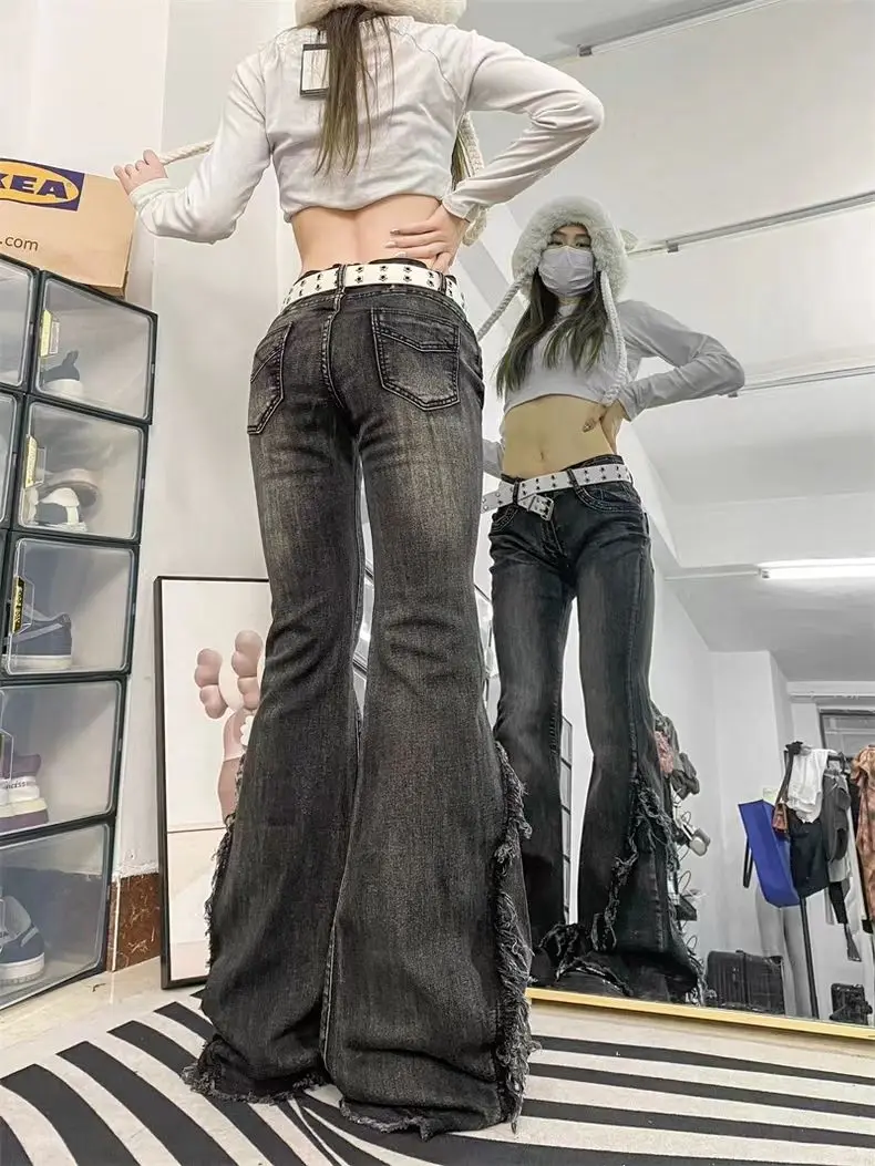 Retro Vibe Jeans Raw Edge Design Y2k Women's Autumn Low Waist Loose Slimming Wide Legs American Floor Mopping Pants