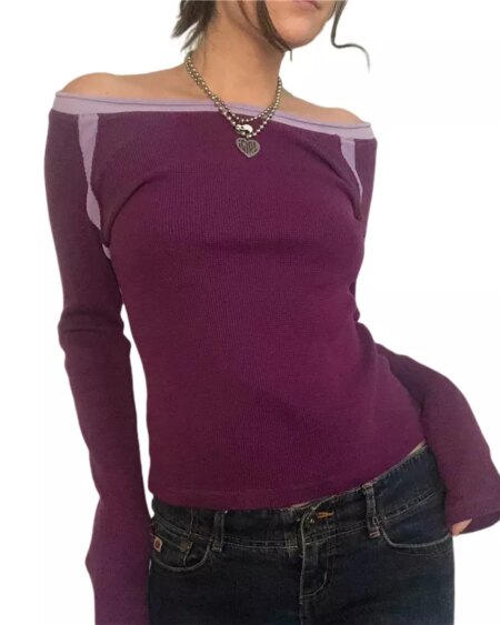 Off Shoulder Long Sleeve T Shirt Blouses & Shirts Crop Tops Knits TOPS