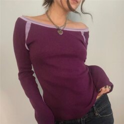 Off Shoulder Long Sleeve T Shirt Blouses & Shirts Crop Tops Knits TOPS