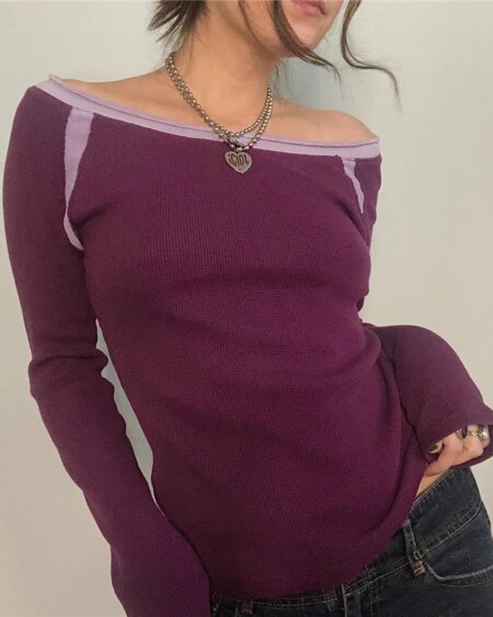 Off Shoulder Long Sleeve T Shirt Blouses & Shirts Crop Tops Knits TOPS