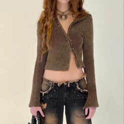 Rivet Diagonal Zipper Washed Cardigan cardigans Knits Outerwear Sweaters TOPS