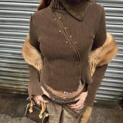 Rivet Diagonal Zipper Washed Cardigan cardigans Knits Outerwear Sweaters TOPS