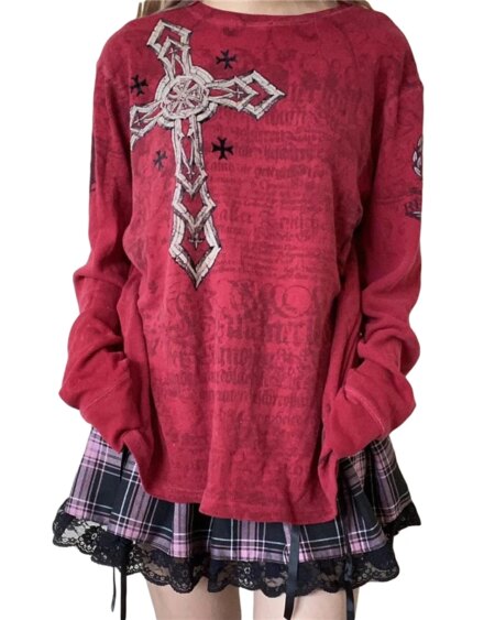 Cross Round Neck Long Sleeve T Shirt Blouses & Shirts TOPS