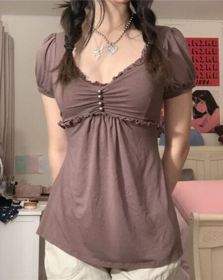 Elegant Ladies Short Sleeve V Neck Ruffled Tops Crop Tops TOPS