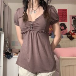 Elegant Ladies Short Sleeve V Neck Ruffled Tops Crop Tops TOPS