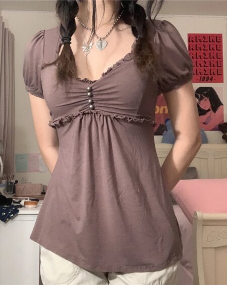 Elegant Ladies Short Sleeve V Neck Ruffled Tops Crop Tops TOPS