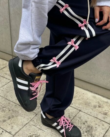 Stripe Bow Baggy Sweatpants BOTTOMS Pants & Jeans