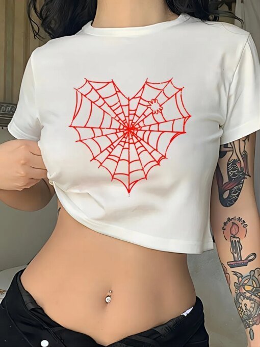 Spider Web Print Top Blouses & Shirts Crop Tops T-Shirts TOPS