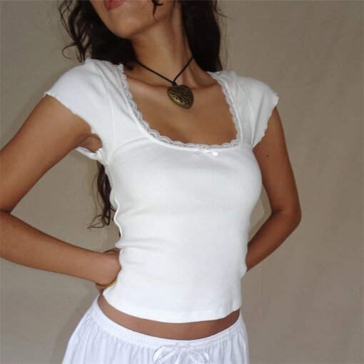 Cottage Lace Trim Knitted Crop tops Blouses & Shirts Crop Tops Knits TOPS