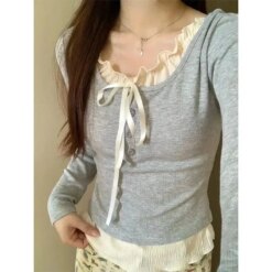Coquette Bow T-shirts Round Neck Tops Crop Tops Knits TOPS