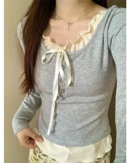 Coquette Bow T-shirts Round Neck Tops Crop Tops Knits TOPS